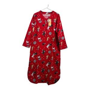 NWT La Cera Red Flannel Cat Print Night Gown Shirt Medium 100% Cotton Popover
